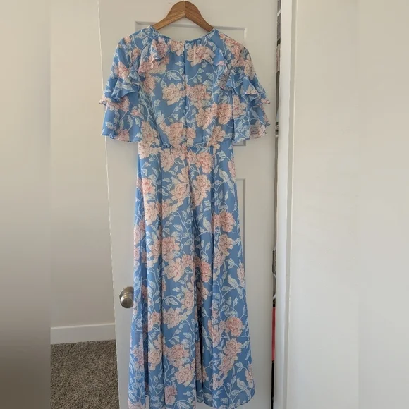 Gal Meets Glam Maxi Blue Pink Floral Shelby Dress Tie Neck Size 4 - Picture 7 of 10